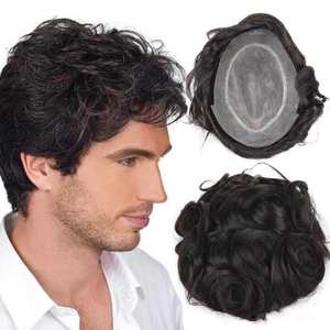 Prótesis Capilares Indias Remy Baratas, Onduladas Negras Naturales, con Base Fina de Mono + PU y Cierre de Encaje, Textura de 24mm, Toupee de Cabello <span class=keywords><strong>Permanente</strong></span> - Product Image 1
