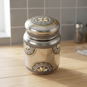 Tarro de especias oriental de acero inoxidable con diseño floral, recipiente hermético para alimentos, acabado pulido redondo. - Product Image 2