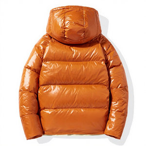 Orange Hooded Puffer Jacket <b>Thick</b> Windproof Casual <b>Winter</b> <b>Coat</b> With Button Closure Solid Color Regular Fit - Product Image 2