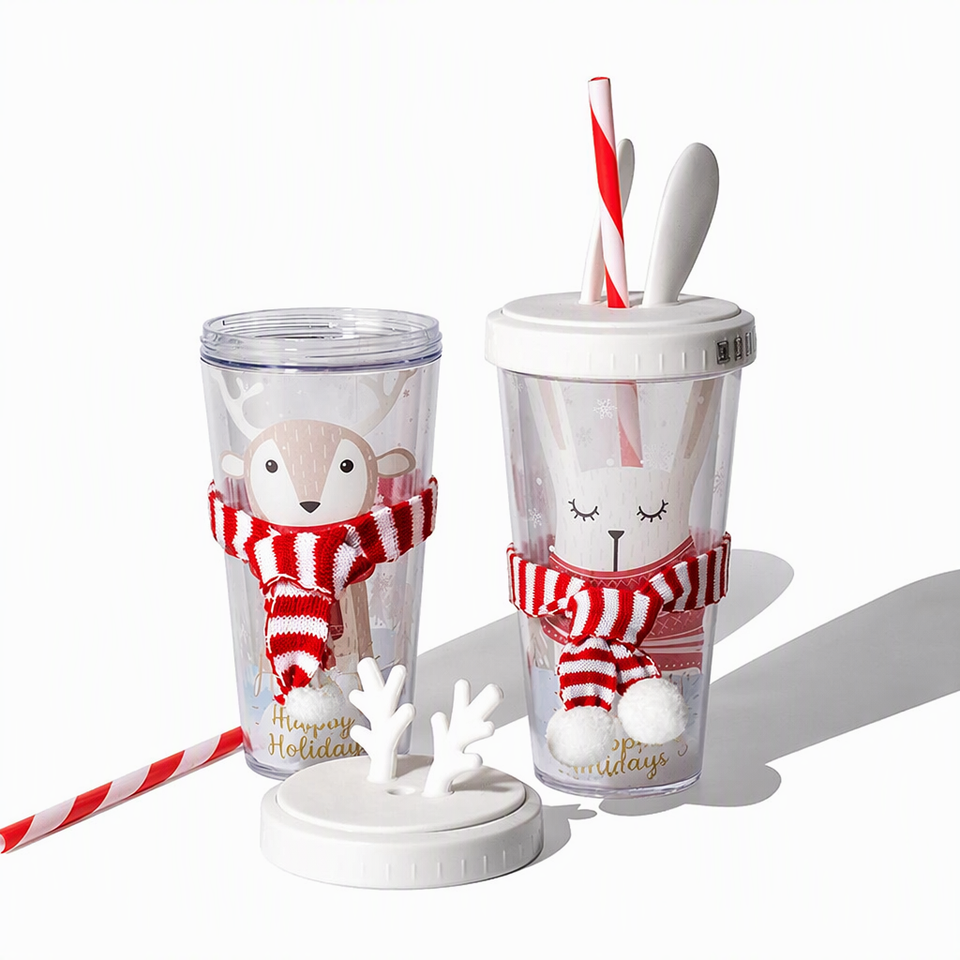 Layer Analysis Christmas Plastic Tumbler Double-Layer Straw Cup Cartoon Antler Design ...