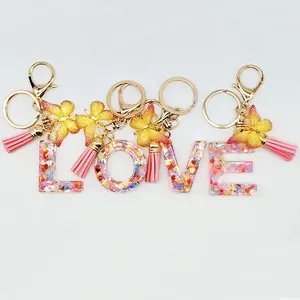 Resin Colorful Heart Letter Keyring Alphabet Keychain with Butterfly Charm and Tassel