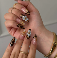 TSZS Faux Ongles Réutilisables de Luxe Couverture Complète Amande Carrée Acrylique Motif Léopard Floral Fabriqués à la Machine pour Femmes