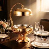 Plat de service de luxe doré 8L en acier inoxydable, chauffé à l'alcool, anti-blocage, rond, ajouré, avec contrôle manuel de la température, pour buffet