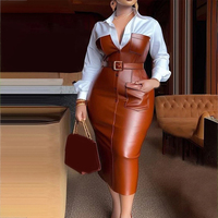Neues Herbstkleid mit Knöpfen, Langen Ärmeln, PU-Leder-Patchwork, Taschen, Schmal Geschnitten, mit Gürtel und Revers, Midi-Länge für Damen