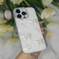 Coque de téléphone 3D Nœud Rose avec cadre d'appareil photo en strass scintillant, antichoc pour iPhone X 11 17 18 Pro Max, Samsung Redmi OPPO