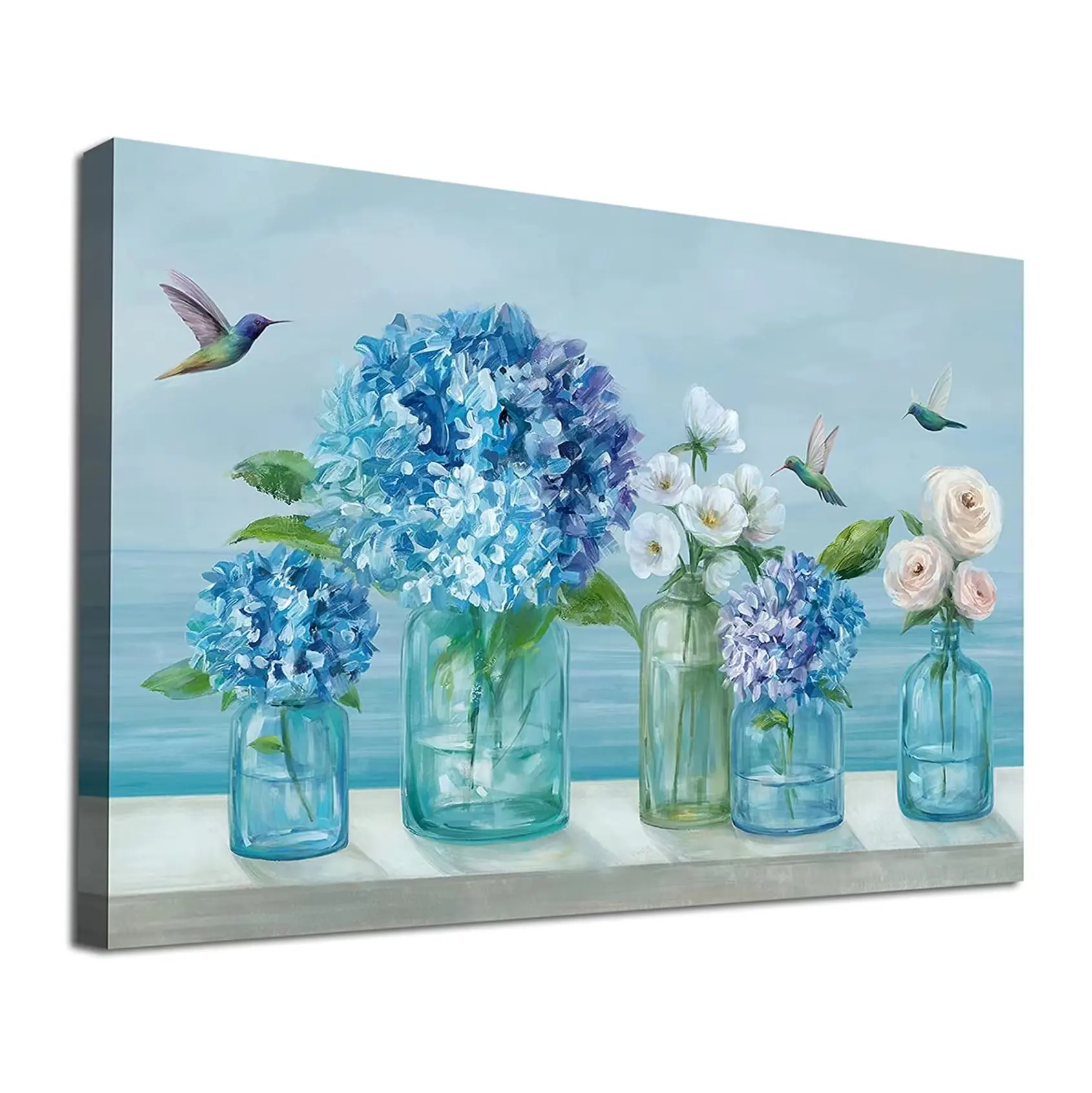 Flowers Wall Art Canvas Rose Hydrangea Canvas Painting Wall Art Blue Painting Contemporary Artwork Living Room Bedroom