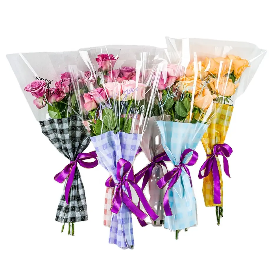 Saco de plástico transparente para flores, saco de celulose OPP para buquê de flores frescas, saco de plástico transparente com estampa personalizada para embrulho