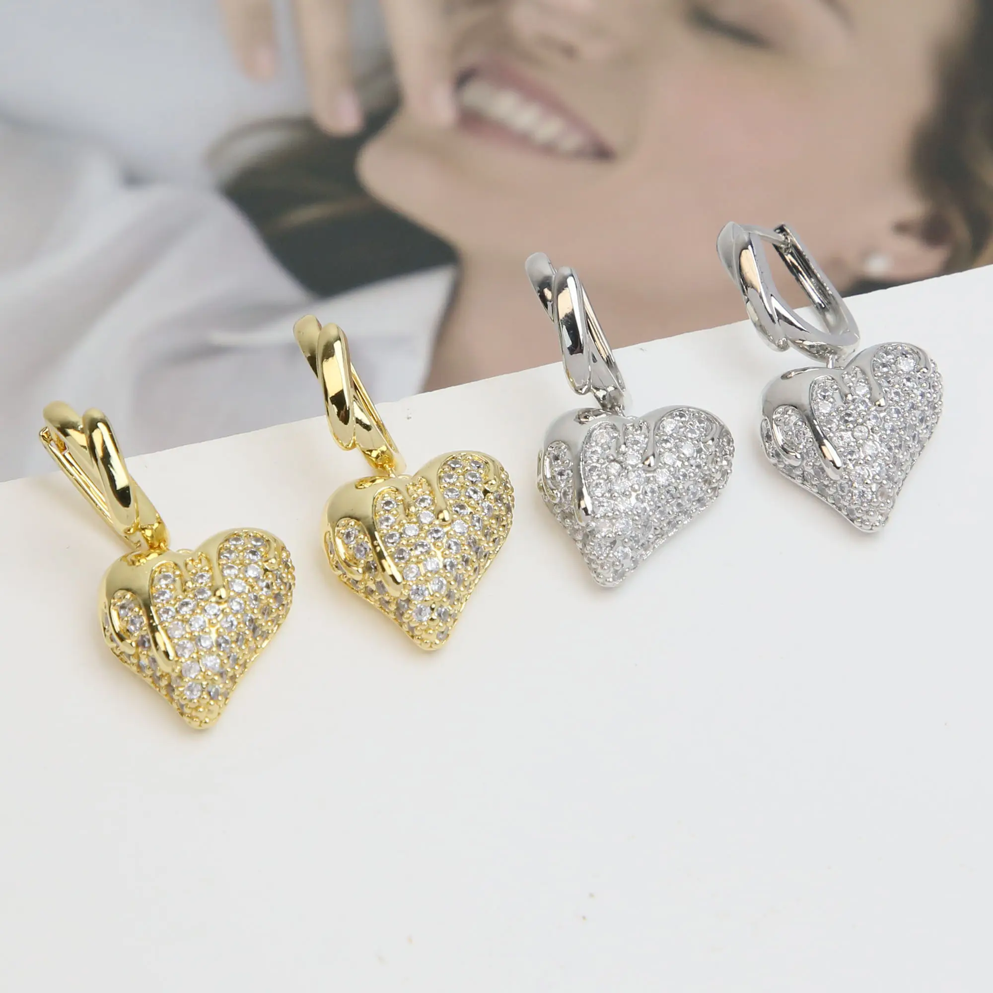 Fashion Real Gold Plated Cubic Zirconia CZ Heart Dangle Earrings Wholesale Zircon Heart Clip On Earrings For Girls