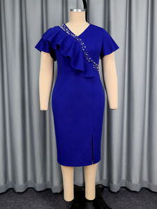 AM050737 Robes d'été décontractées pour femmes, élégantes, col en V, manches courtes, fente, perles, volants, moulantes, bleues, grande <span class=keywords><strong>taille</strong></span> - Product Image 4