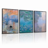 Lot de 3 tableaux encadrés Monet sur toile, cadre noir, Impression Sunrise, Nénuphars, Triptyque, Décoration pour Hôtel et Bureau