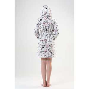 Bata de forro polar con estampado de perros para mujer, con capucha, manga larga, suave, informal, para dormir, blanca - Product Image 1