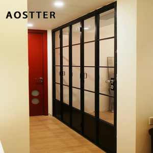 Puerta Plegable de Aluminio con Aspecto de Hierro Clásico AOSTTER, con Doble Acristalamiento Transparente IGU y Rodillos Superiores Suaves para Comedor Rústico - Product Image 1