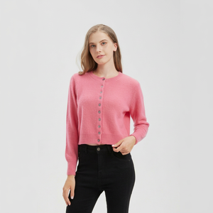 Women's Pink Knitted <b>Short</b> Crop <b>Cardigan</b> Full <b>Sleeve</b> Crew Neck Button Closure Casual Winter Wear 100% Pure Cashmere - Product Image 1