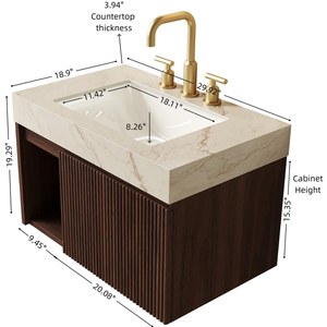 Mobile da Bagno <span class=keywords><strong>EIDEN</strong></span> 30 Pollici con Lavabo, Armadietto Sospeso, Top in Pietra Sinterizzata Crema con Venature Dorate e Lavabo in Ceramica con 3 Scomparti - Product Image 5