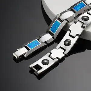 Poya High Polished Mens Womens Unique Blue Opla Inlay Tungsten Magnetic Bracelet