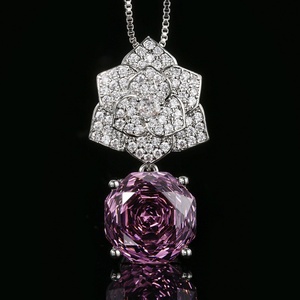 High End Eco-friendly Copper 12MM Zircon Rose Flower Petal Violet Floral Dangle <b>Earrings</b> and Pendant Necklace Set for Women - Product Image 4