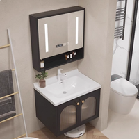 Ensemble de meubles de salle de bain en chêne avec miroir LED résistant à l'eau, lavabo monobloc de petite taille avec lavabo à main