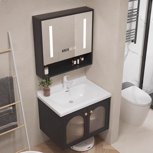 Ensemble de meubles de salle de bain en chêne avec miroir LED résistant à l'eau, lavabo monobloc de petite taille avec lavabo à <span class=keywords><strong>main</strong></span> - Product Image 2