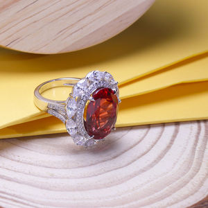 Bague en argent 999 plaqué or 14 carats, motif fleur, tendance, pour femme chrétienne, sertie de zircone cubique rouge ovale 12x16mm, style hip-hop glacé - Product Image 1