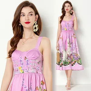 2023 New Cotton Year Of The Rabbit Limited Sling Dress High-Quality Fashion Lavender Print Beach Holiday Sleeveless Slim Dress