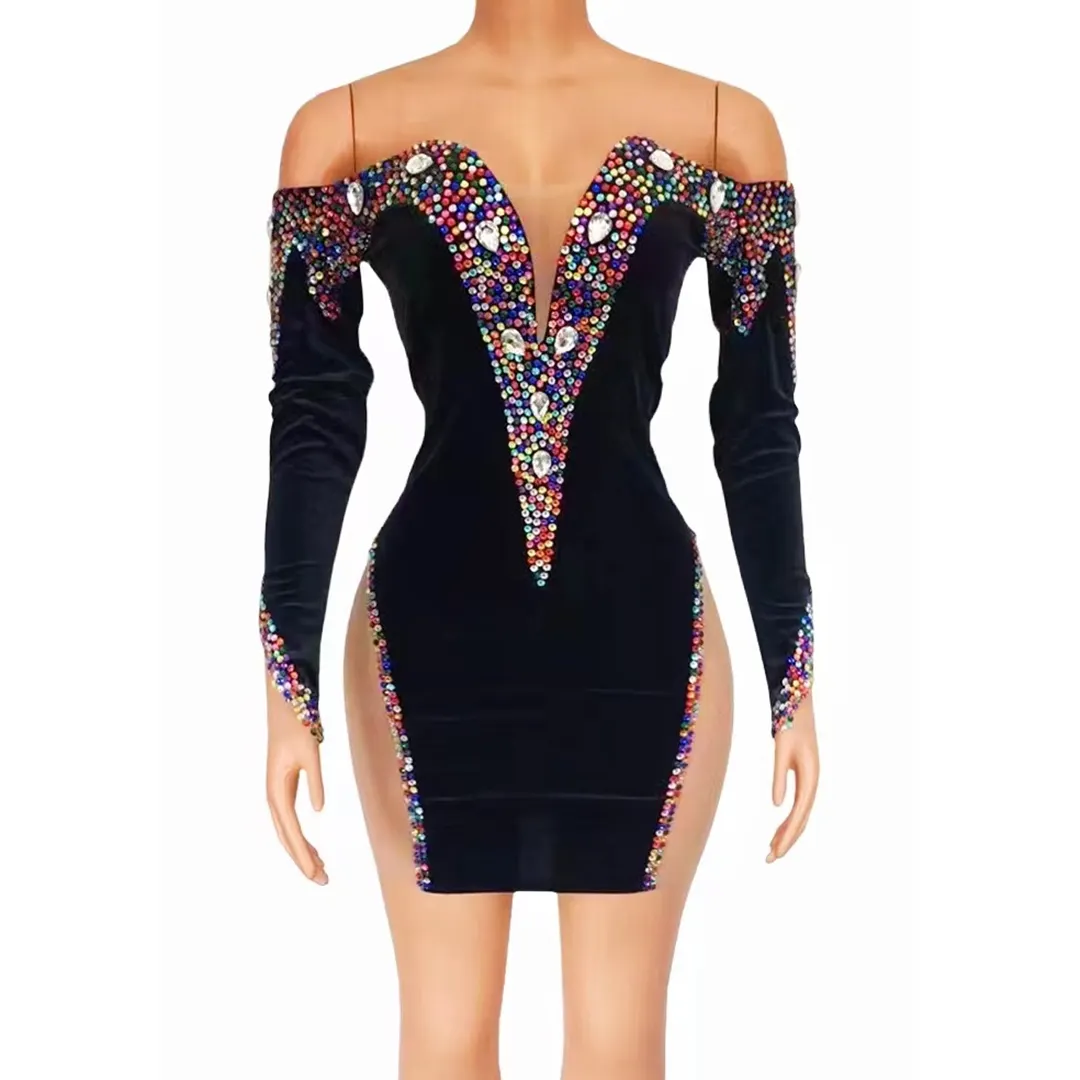 Fashion Black Off Shoulder Rhinestone Velvet Dress Ladies Dance Slit Club Prom Dresses Women Sexy Birthday Wedding Party Dress