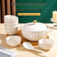 Ensemble cadeau de 8 pièces, ensemble de pot à soupe et de bols en céramique minimaliste nordique avec incrustations dorées, avec couvercle, vaisselle pour usage hôtelier