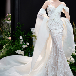 Top Quality Luxury Silk Kergan Satin Tulle <strong>Wedding</strong> <strong>Dress</strong> Sequin Lace Nail Bead Mermaid Tulle <strong>Wedding</strong> <strong>Dress</strong> - Product Image 1