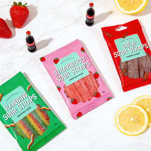 Vente en gros OEM 80g Bonbons gélifiés acidulés aux saveurs de fruits mélangés, comprenant des bandes acidulées aux fraises arc-en-ciel et des bandes acidulées <span class=keywords><strong>à</strong></span> <span class=keywords><strong>la</strong></span> <span class=keywords><strong>réglisse</strong></span> - Product Image 4