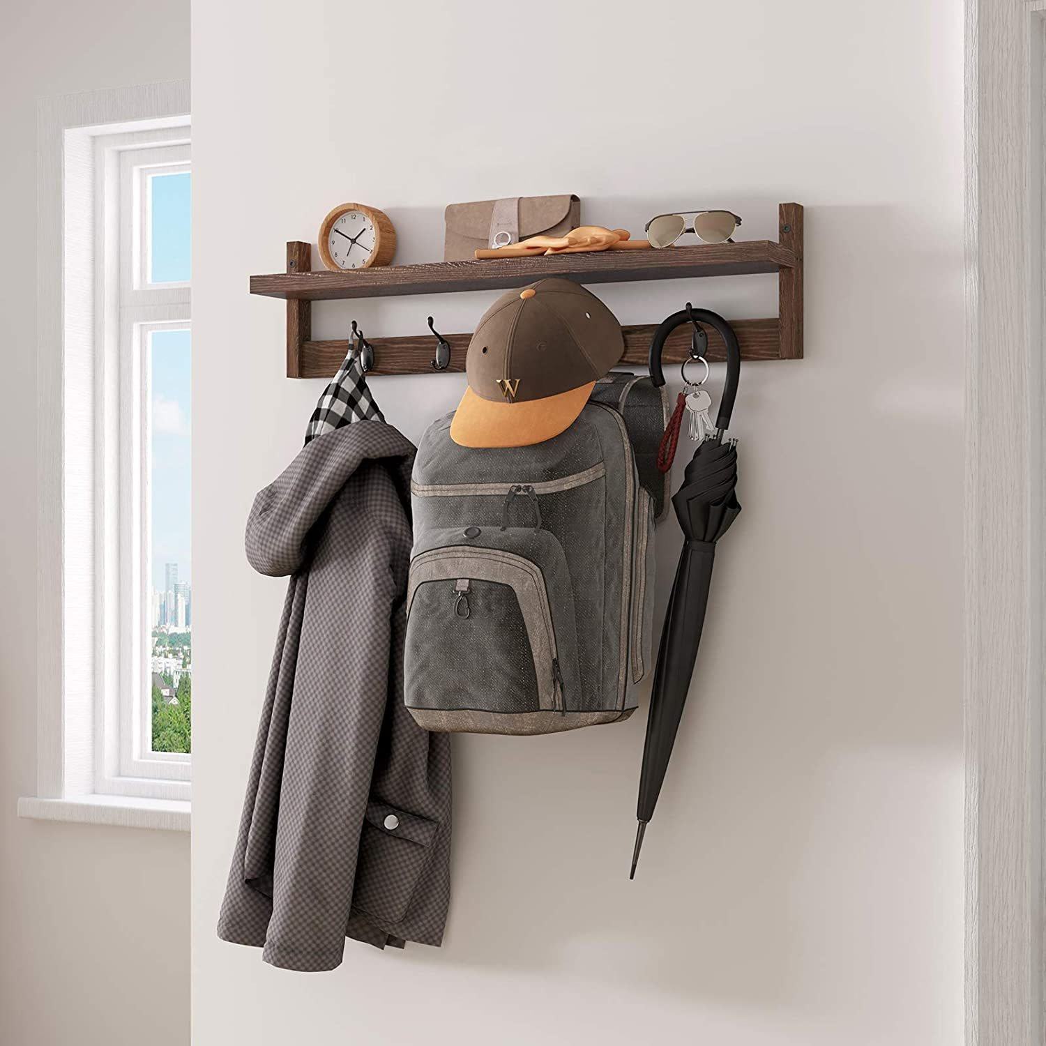 Entryway Coat Rack Storage Holder with Faux Leather Shelf