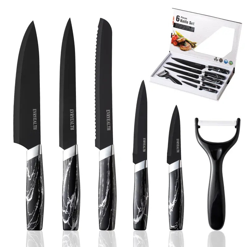 High Carbon Stainless Steel 6pcs Sharp Blades Chef Knife Set Kitchen Cutting Knives for Gift with Marbling Handle