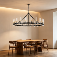 Lámpara de Techo Grande Estilo Carretilla con 20 Luces, Marco de Metal Negro, Pantallas de Cristal Cilíndricas Transparentes, Lámpara Colgante Redonda Moderna Estilo Granja