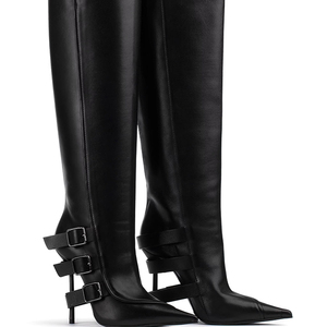 OEM Brand elegante <span class=keywords><strong>donna</strong></span> autunno nero cuoio Pu diverse cinghie tacco sottile punta <span class=keywords><strong>stivali</strong></span> alti al ginocchio per lo Shopping - Product Image 5