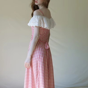 Off the shoulder lace ruffle <strong>red</strong> checkered maxi dress with bow - Product Image 2