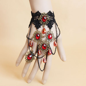Makeup Ball Schwarze Spitze Sexy <span class=keywords><strong>Vintage</strong></span> Spitze Kristall Armband mit Ring integrierte Kette - Product Image 3