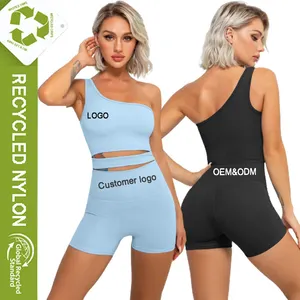 Top de logotipo personalizado activewear, sutiã esportivo de um ombro, tecido reciclado yoga de cintura alta, sem costura, leggings, academia, conjunto de fitness