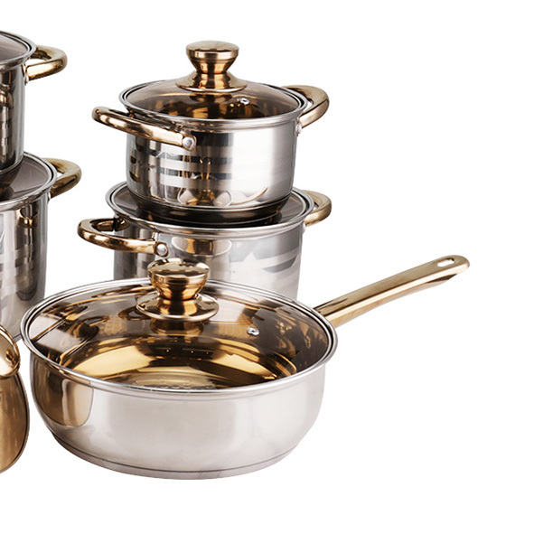 12pcs Stainless Steel Cooking Pot Pan Set Tempered Glass Golden Handle Modern Design Multiple Sizes Induction Base Cookware Set · image 3