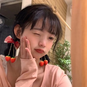 Sweet and charming Japanese and Korean style cherry fabric <b>bow</b> hair <b>clip</b> with double-layered lace and strawberry design. - Product Image 4