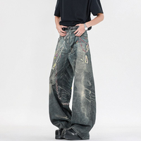 Jean Star Charm pour homme, coupe baggy, denim noir délavé, applique florale, ourlet déchiré, effet usé, style Y2K, imprimé 3D, jambe large, personnalisable OEM