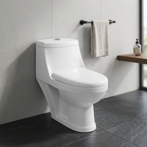 WC monobloc en céramique blanc brillant avec siphon P, chasse d'eau siphonique, siège UF, fixation au sol, ensemble toilette et chaise - Product Image 1