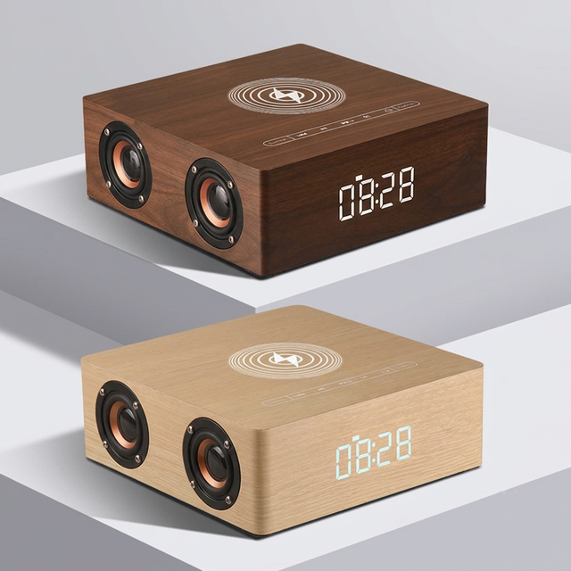 Modern Wooden Bluetooth Speaker LED Digital Alarm Clock Wireless Charging Night Light High-Fidelity Stereo Sound Portable