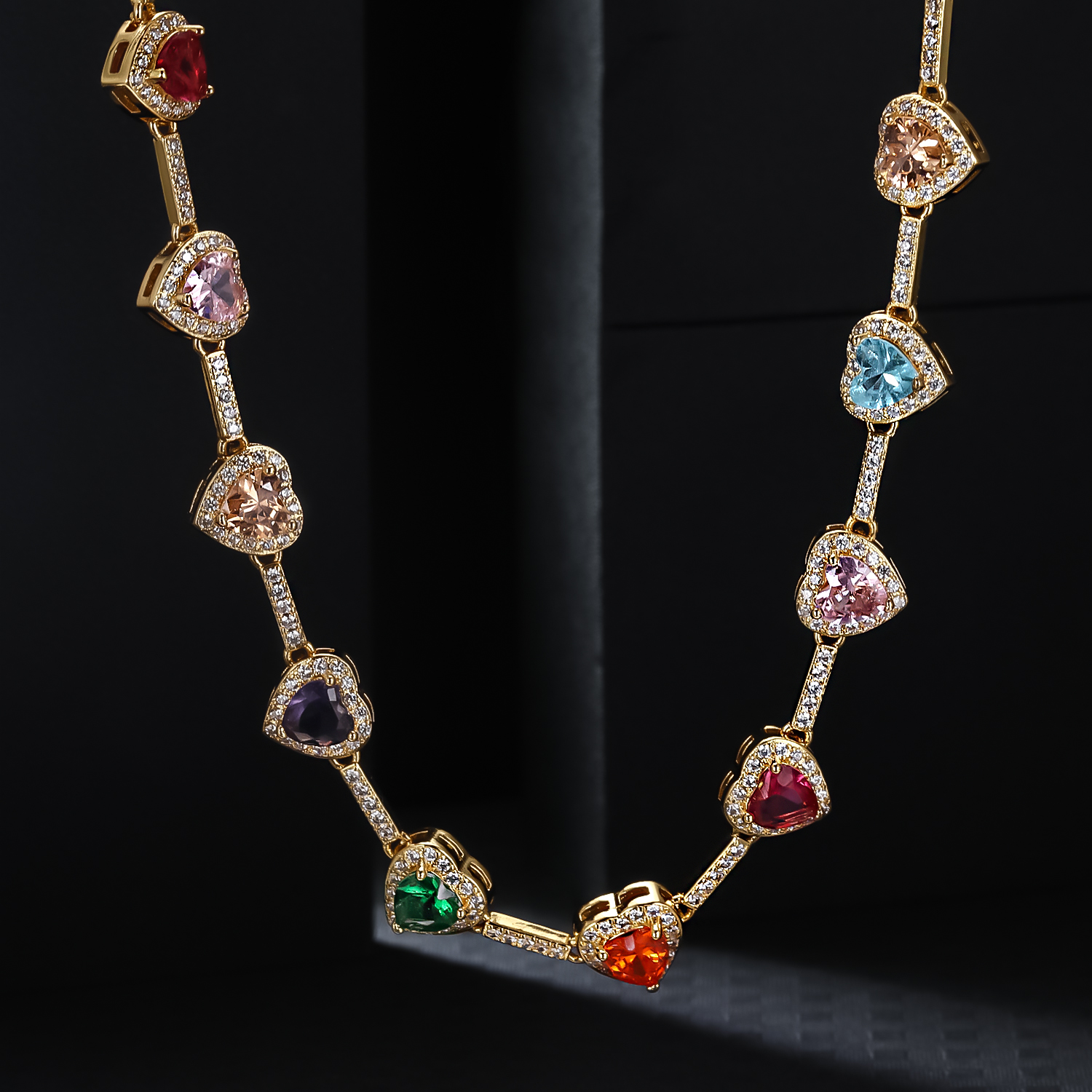 Custom 18K Gold Plated Multicolor Heart Gem Stone Chain