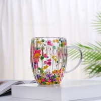 Tasse à café isotherme créative en verre à sable mouvant avec fleur naturelle, double poignée, résistante à la chaleur