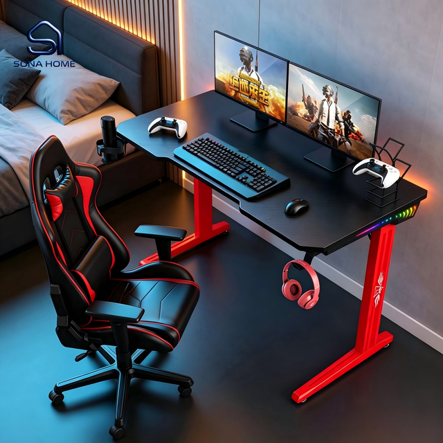 Red Leg Gaming Desk with RGB Ambient Light & Carbon Fiber Texture Multi-function Hooks Gaming Workspace
