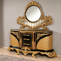 Ensemble de lit et armoire turcs royaux sculptés en bois, élégants, néoclassiques, plaqués or, noirs, taille complète, convertible, rembourré, luxueux