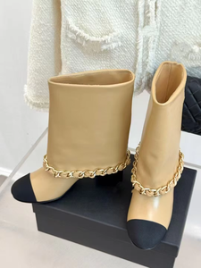 Botas de Mujer de Diseño de Lujo, Punta Redonda, Cuero Genuino, Tacón Grueso, Malla Vaquera, Cadena Metálica, Tacón Alto a Media Pierna - Product Image 1