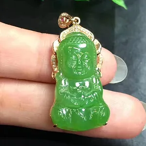 18k Gold Fine Jewelry Wholesale High Quality Jade Apple Green Natural Hetian Jasper Gemstone Buddha Pendant
