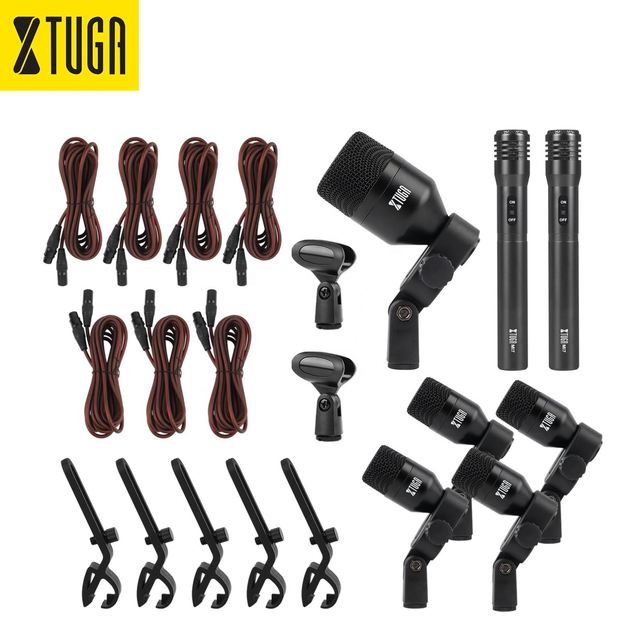 Xtuga Professional Musical Wired Metal Drum Microphone Kit Noise Cancelling Portable Design XLR Connectors Tom Snare Cymbals
