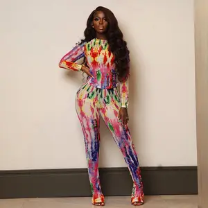 Spring And Summer New Fashion Gauze Printed Tight-fitting Top And Trousers Casual Suit Women's 2 Piece Set