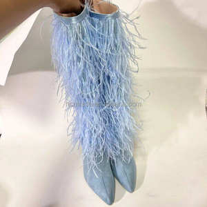 Tüyler ile meşgul kız N4784 diz çizmeler moda lüks yüksek topuklu özel boyut 12 açık mavi siyah bulanık faux devekuşu kürk çizmeler - Product Image 5