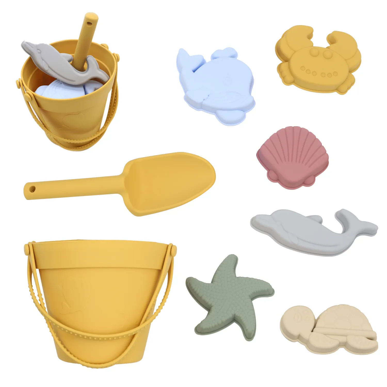 Brinquedos de praia de silicone personalizados, brinquedos de silicone para praia, balde e pá, conjuntos de bpa, brinquedos portáteis de silicone para balde